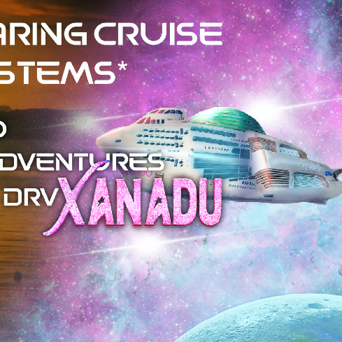 background is an orange sunset with dark hills on the left side, morphing to a purple and teal space scene on the right